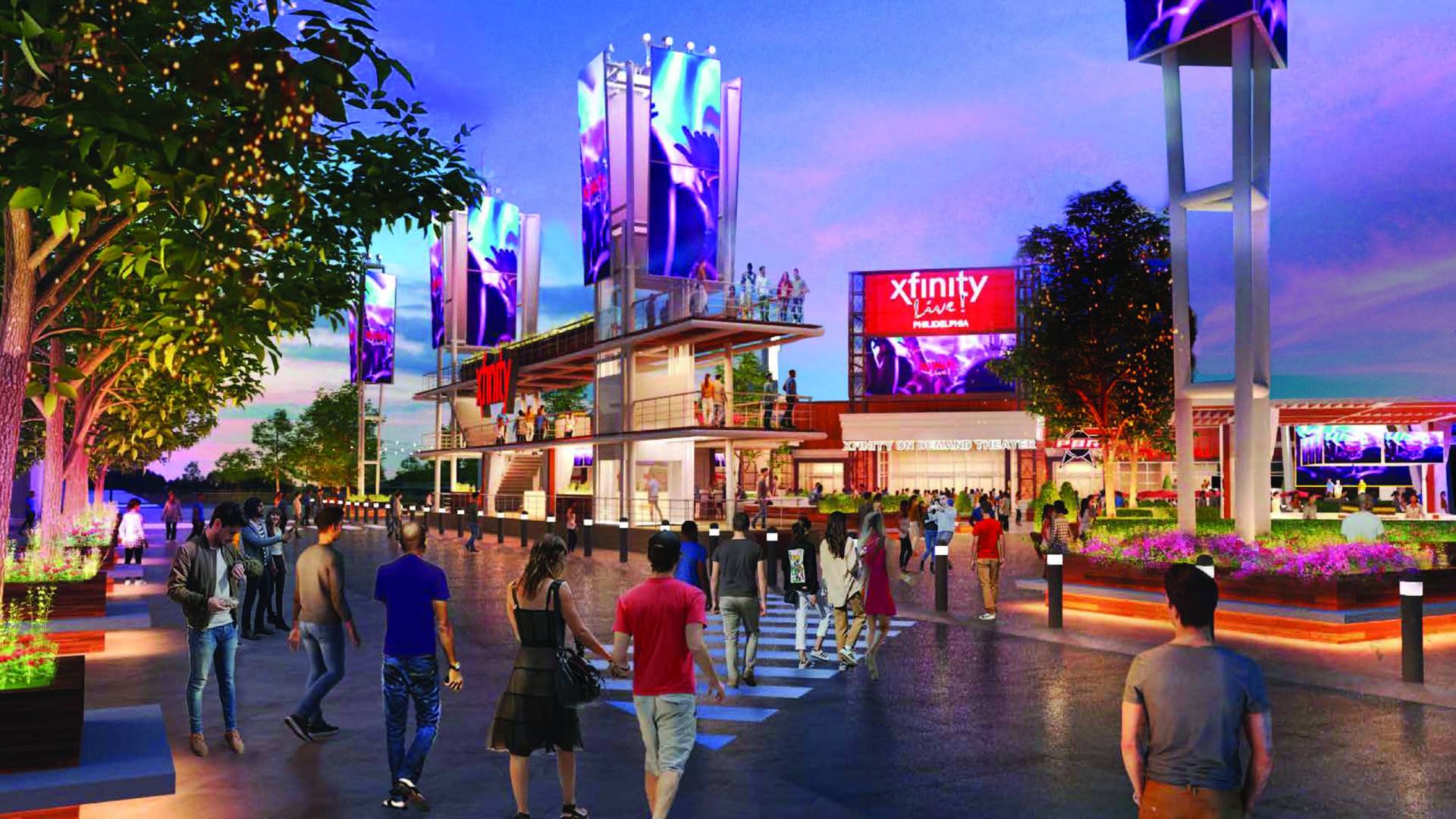 Artistic rendering of the exterior of the reimagined Xfinity Live venue.